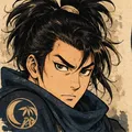 Hanzo, a young ninja with tied-up black hair and a serious look