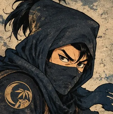 Hanzo the ninja wearing a dark navy hood and mask, drawn in woodblock print style