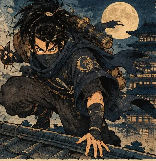 Hanzo crouching on a tiled rooftop at night under a full moon