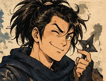 Hanzo winking and holding up a four-pointed shuriken