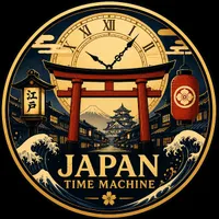 Japan Time Machine logo: a torii gate, a clock face, a castle and great waves